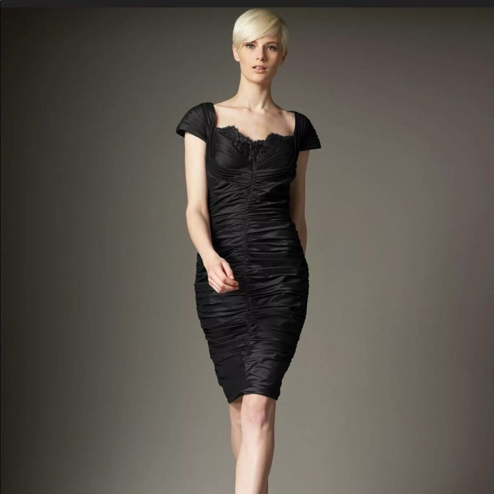 Tadashi Shoji Lace Inset Ruched Taffeta Dress Sheath Short Sleeve Black 6 S